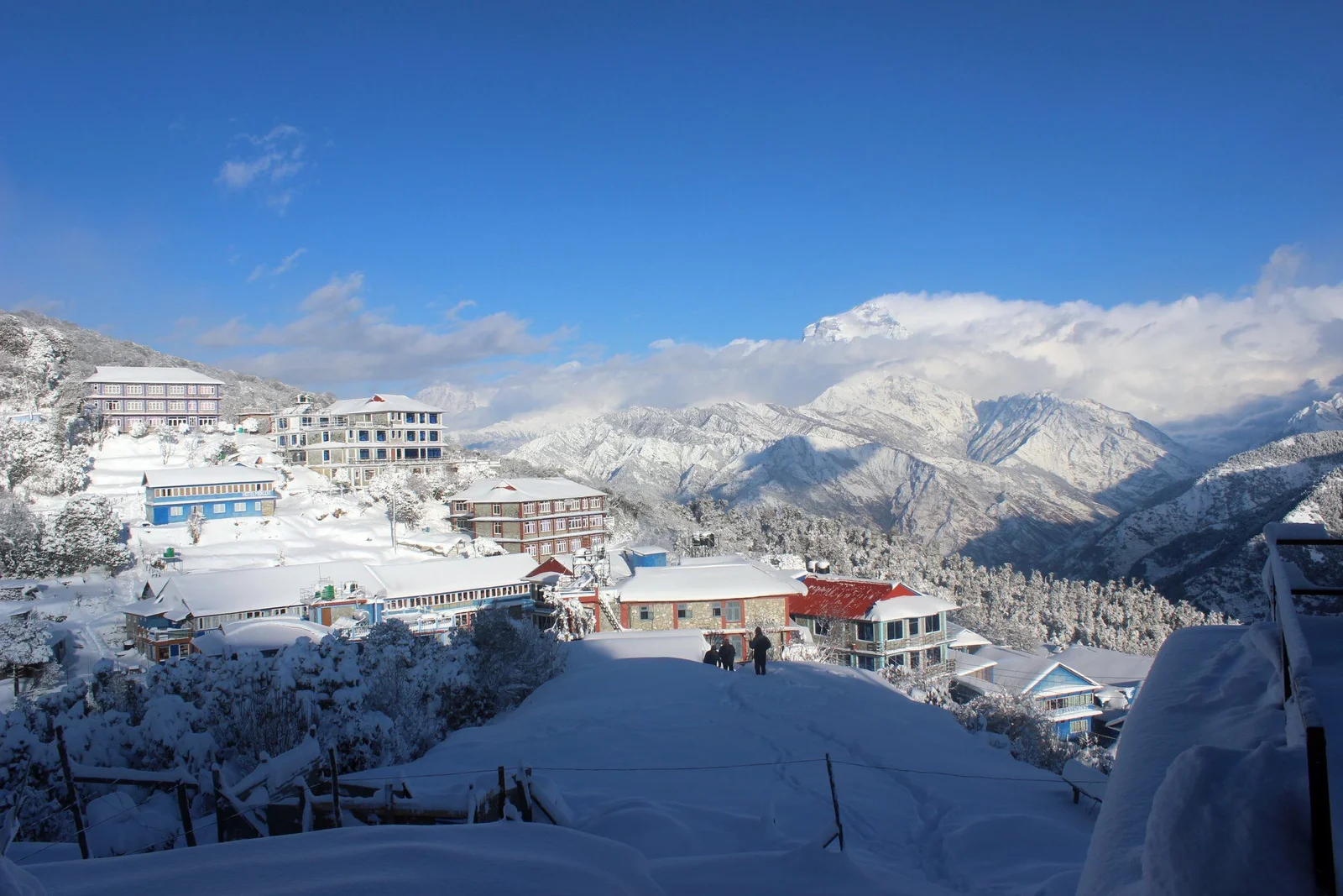 Winter in Nepal with snow-capped mountains