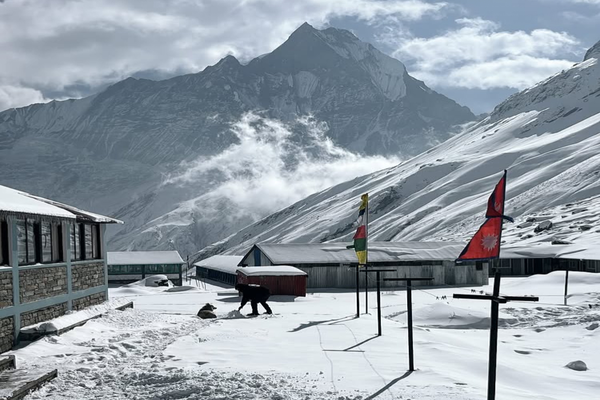 Snow-covered lodges and Nepal flags at Annapurna Base Camp, with the peak behind