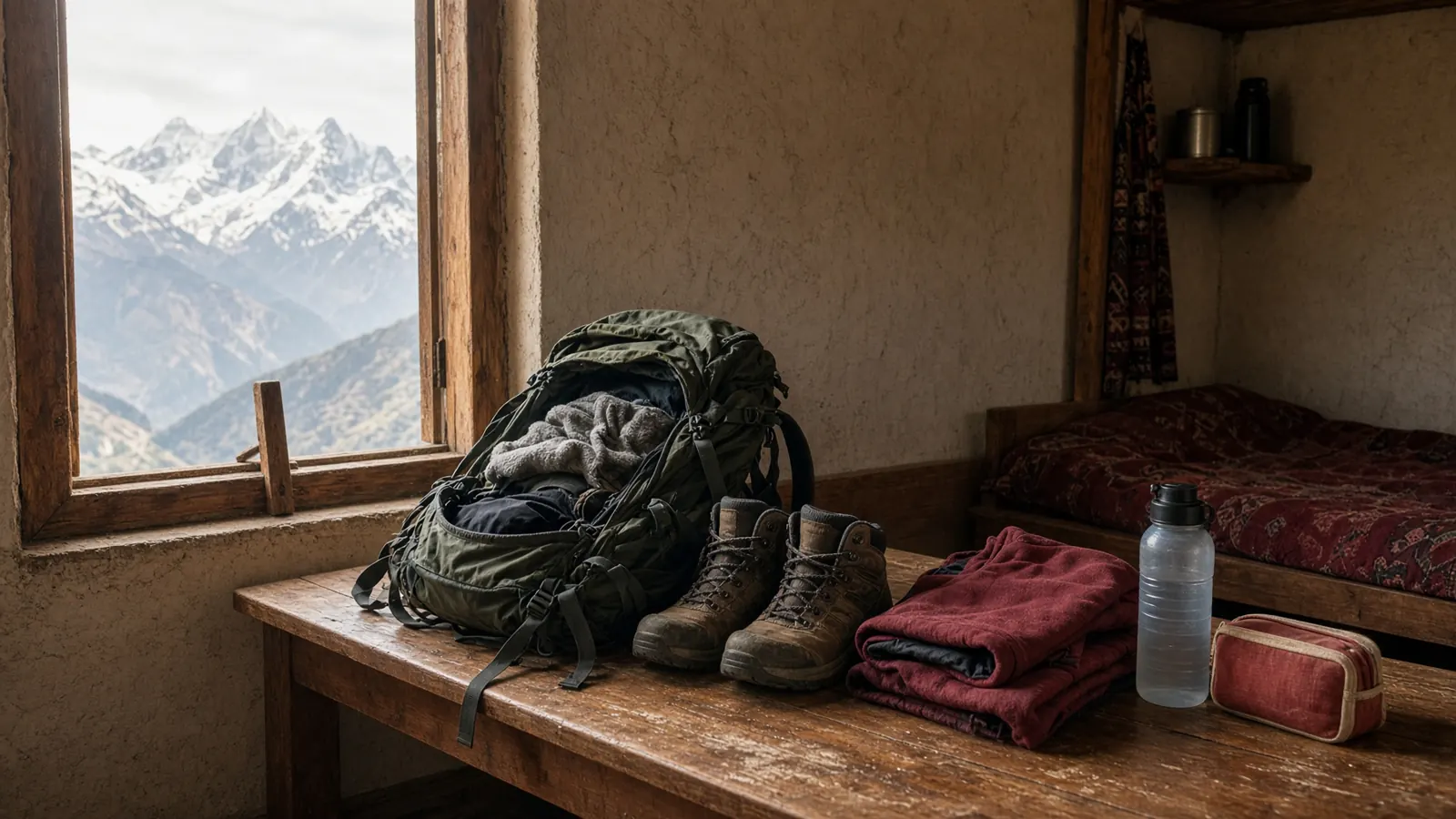 An open pack, boots and a jacket on a bench in a teahouse room.