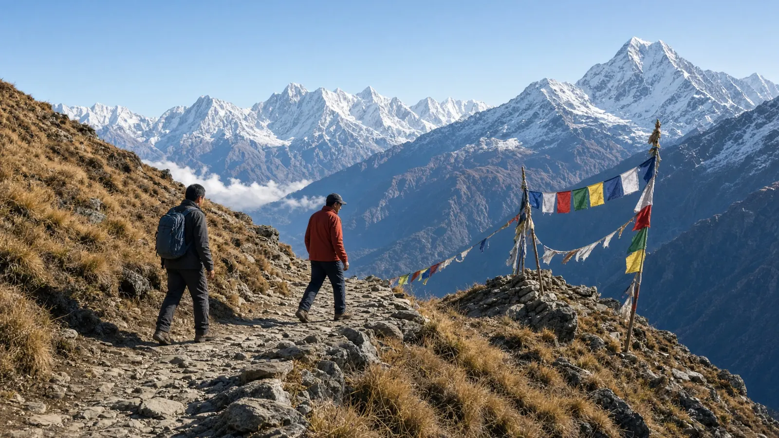 A walker and a guide on a high trail, with prayer flags and snow peaks beyond.
